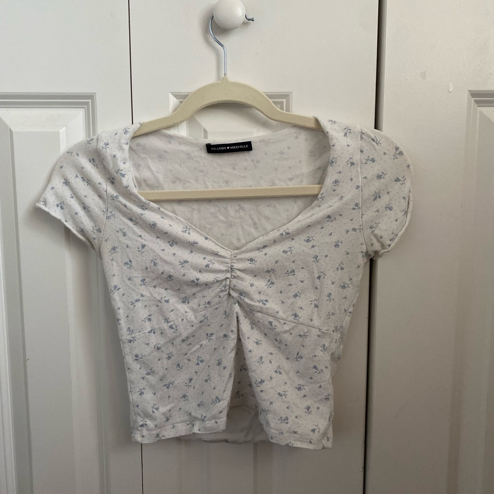 Brandy Melville V-Neck Floral White Blue Top